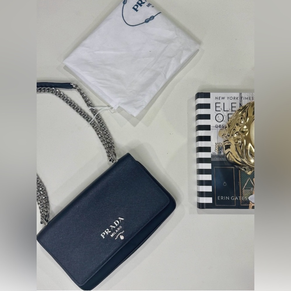 Prada Navy Leather Crossbody Bag with Silver Chain